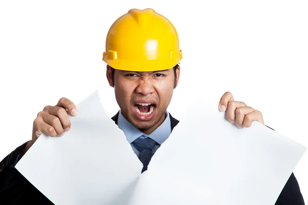 Angry Asian engineer man tear out a blueprint — Stock Photo, Image