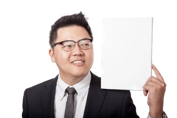 Asiatiska affärsman titta på tomma tecken på hans axel — Stockfoto