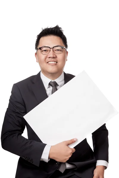 Asiático hombre de negocios mostrar un oblicuamente en blanco signo — Foto de Stock