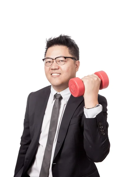 Asiático hombre de negocios ejercicio con un dumbbell en su mano —  Fotos de Stock