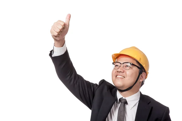 Asian businessman with yellow hardhat thumbs up and smile — Stock Photo, Image