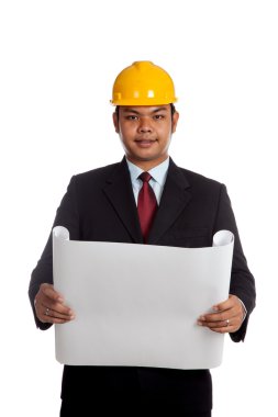 Asya mühendis adam kamera mavi baskı göz açma