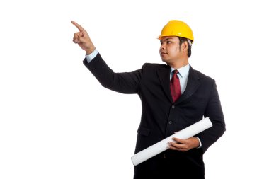 Asya mühendis adam blueprint tutun ve yukarı