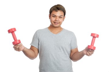 Asya güçlü adam tutun dumbell parmak ile çok kolay