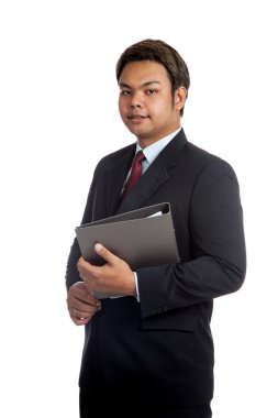 Asya işadamı kamera bir klasöre göz tutun