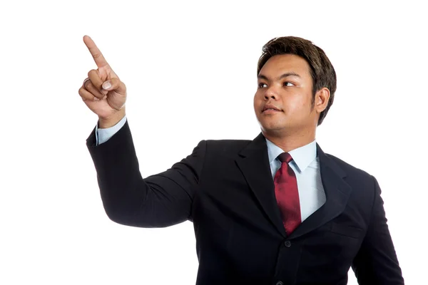 Asian businessman in suit point up and look up — Stock Photo, Image