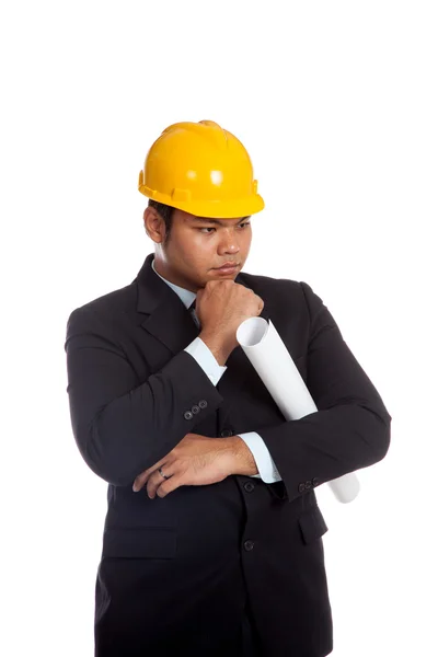 Asian engineer man is thinking — Stock Photo, Image