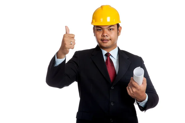 亚洲工程师人举起蓝图和大拇指 — 图库照片