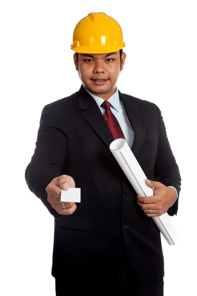 Asian engineer man hold blueprint give a blank card — Stock Photo, Image