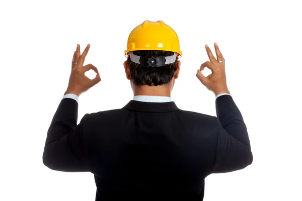 Back of Asian engineer man show OK sign with both hand — Stock Photo, Image