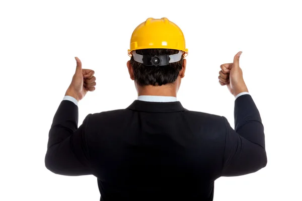 Back of Asian engineer man show thumbs up with both hand — Stock Photo, Image