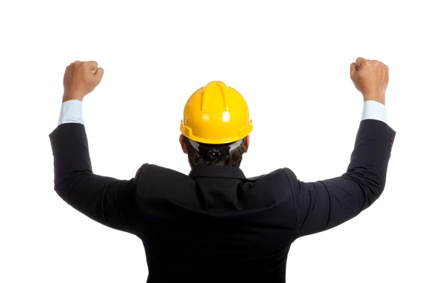 Back of Asian engineer man rise both fists up for success — Stock Photo, Image