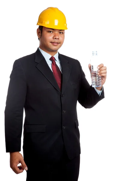 Asian engineer man hold a bottle of drinking water — Stock Photo, Image