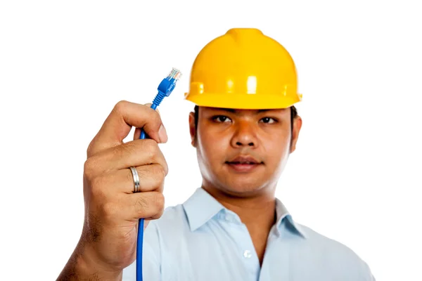 Asian engineer man show a lan line focus on the line — Stock Photo, Image