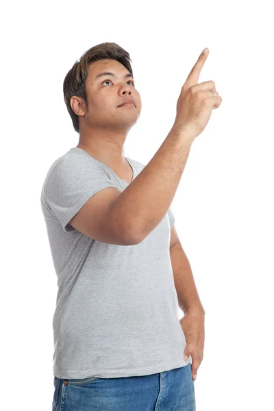 Asian strong man point and look up wear casual dress — Stock Photo, Image