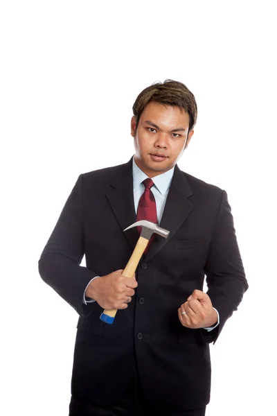 Asian businessman angry hold a hammer — Stock Photo, Image