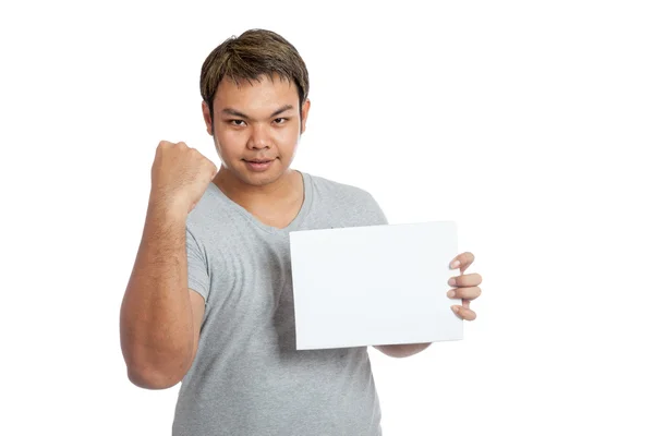 Asian strong man fist pump with   blank sign — Stock Photo, Image