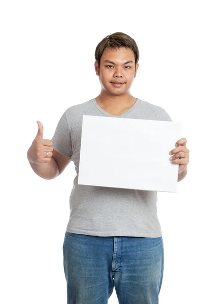 Asian man thumbs up with blank sign look at the camera — Stock Photo, Image