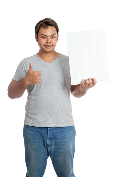 Asiático homem polegares para cima segurar um vertical em branco sinal — Fotografia de Stock