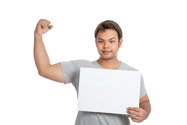 Aziatische sterke man buigzame biceps Toon leeg teken kijken naar de cam — Stockfoto