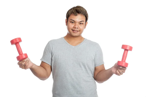 Asya güçlü adam tutun dumbell parmak ile çok kolay — Stok fotoğraf