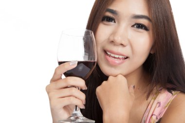 kırmızı şarap güzel bir Asyalı kadın gülümseyerek kadar yakın