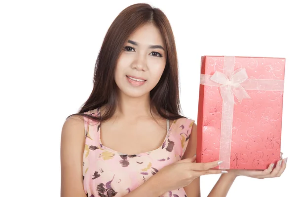 Beautiful Asian girl with red gift box — Stock Photo, Image