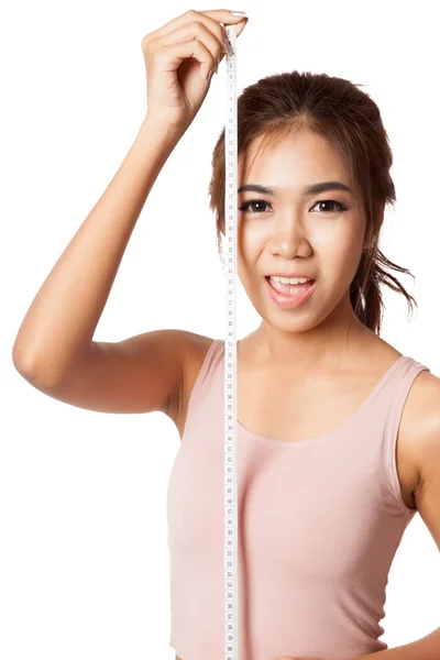 Asian slim girl smile with measuring tape — Stock Photo, Image