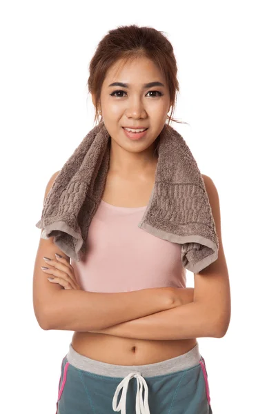 Asian slim girl exercise with towel on her neck — Stock Photo, Image