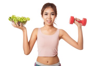 Asian sağlıklı kız salata kasesi ve halter