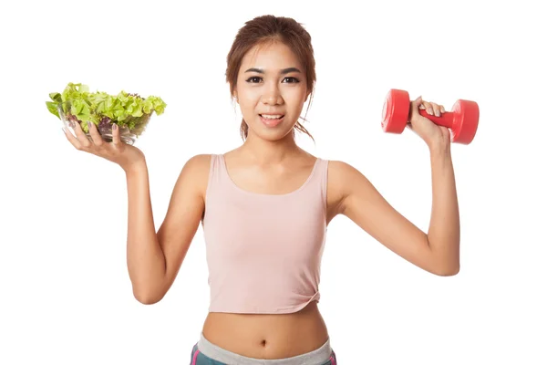 Asian healthy girl with salad bowl and dumbbell — Stock Photo, Image