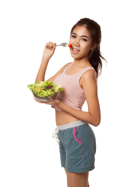 Asian healthy girl eating salad for diet — Stock Photo, Image