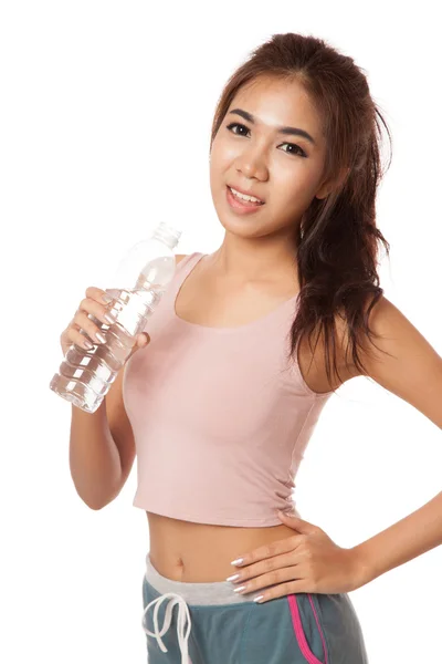 Happy Workout ragazza asiatica con bottiglia d'acqua — Foto Stock