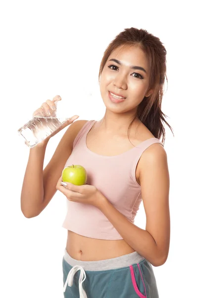 Asian healthy girl with green apple and water — Stock Photo, Image