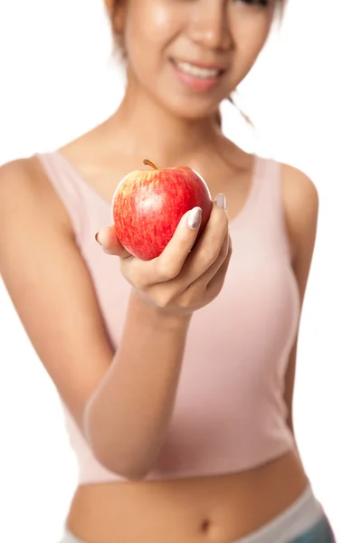 Asian healthy girl smile with red apple — Stock Photo, Image