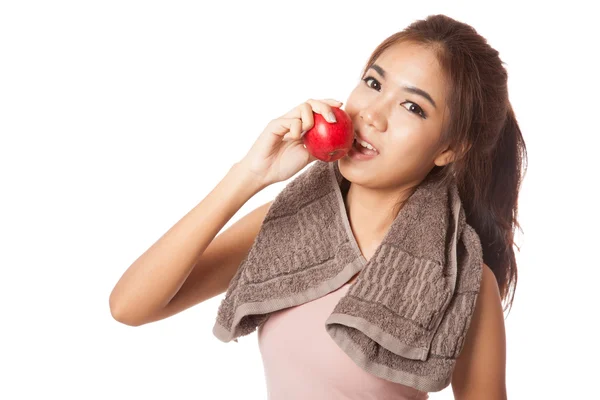 Asiatka zdravý úsměv kousnutí červené jablko — Stock fotografie