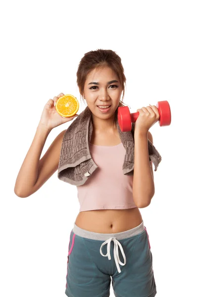 Aziatische gezonde training meisje met oranje en halter — Stockfoto