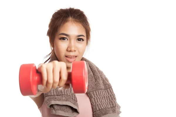 Asiático saudável menina treino com haltere — Fotografia de Stock