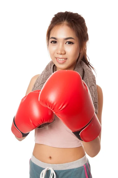 Asian slim girl  with red  boxing glove — Stock Photo, Image