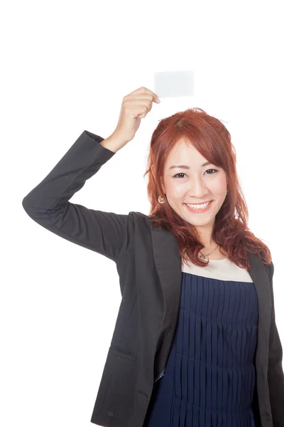 Asian office girl happy show blank card over her head — Stock Photo, Image