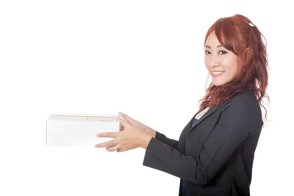 Asian office girl giving a box look at the camera — Stock Photo, Image