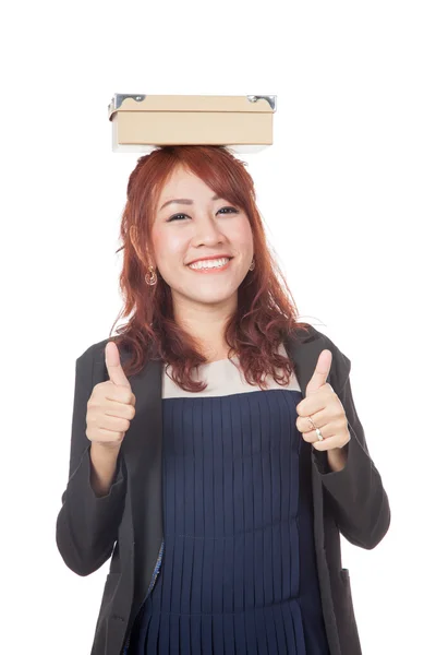 Asian office girl 2 thumbs up with a box on her head — Stock Photo, Image