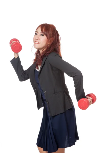 Asian office girl do funny pose weight lifting — Stock Photo, Image