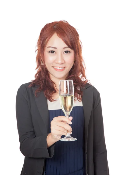 Asian girl smile with a glass of white wine — Stock Photo, Image