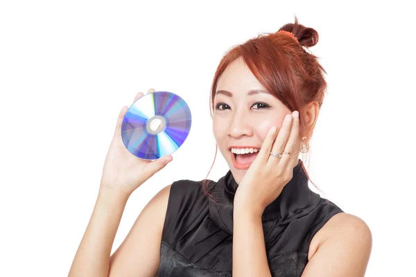 Surprised adorable Asian girl with a disc — Stock Photo, Image