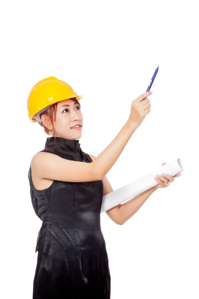 Asian architect girl wear hardhat and point a pen up — Stock Photo, Image