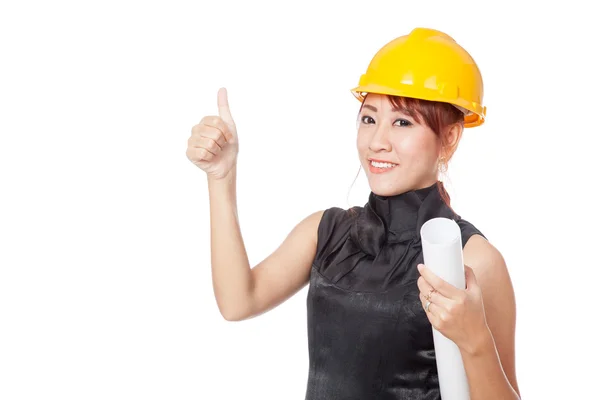 Asian architect girl wear hardhat and  show thumb up — Stock Photo, Image