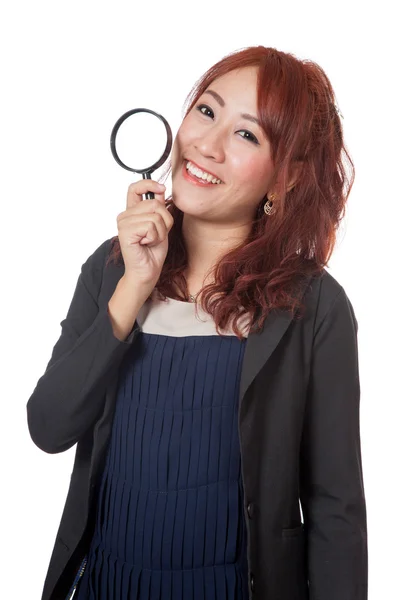 Asian office girl hold magnifying glass and smile — Stock Photo, Image