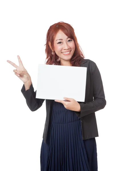 Asian office girl happy show a blank sign and victory sign with — Stock Photo, Image