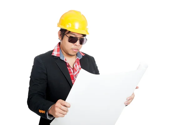 Asian engineer man read blueprint — Stock Photo, Image